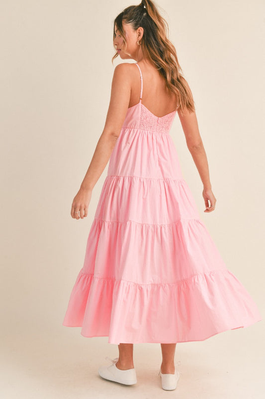Bow Tied Tiered Midi Dress - Pink