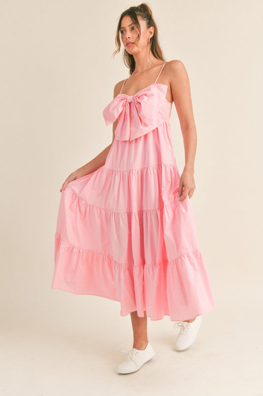 Bow Tied Tiered Midi Dress - Pink