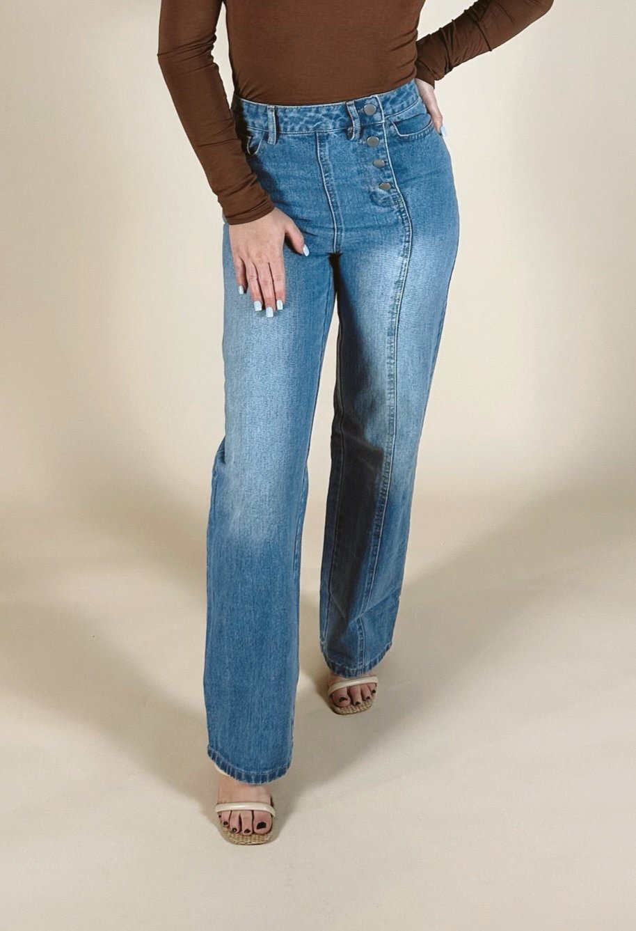 High Waist Side Opening Long Pants: Denim